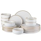 E-far Plates and Bowls Set for 8, 24-Piece Stoneware Dinnerware Sets, Ceramic Dinning Ware Reactive Glaze Dishes Set, Microwave & Dishwasher Safe - Seashell White