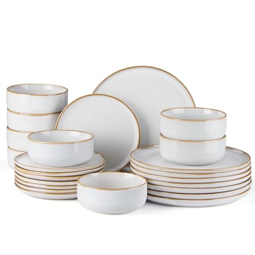 E-far Plates and Bowls Set for 8, 24-Piece Stoneware Dinnerware Sets, Ceramic Dinning Ware Reactive Glaze Dishes Set, Microwave & Dishwasher Safe - Seashell White