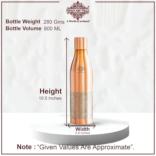 Image of INDIAN ART VILLA Pure Copper Water Bottle, Half Embossed Lacquer Coated Bottle for Drinking Water, Ayurvedic Health Benefits, Leak Proof Bottle for Home, Office, Travel & Gifting, 800 ML