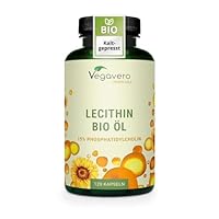 Vegavero Bio Lecithin Öl Kapseln 120 Stück - 1800 mg Sonnenblumenlecithin mit 15% Phosphatidylcholin - carrageenfrei - Lecithin Kapseln vegan & laborgeprüft