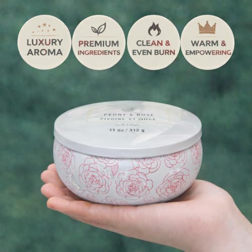 Image of Peony & Rose Scented Multi-Wick Tin Candle | Reusable Printed Tin Container - 5 x 2 inch | 16 Hour Burn Time | Lead-Free Wicks | Home Decor & Gifting