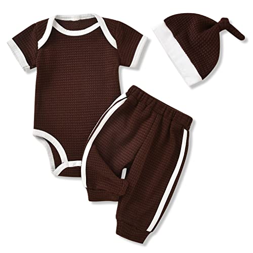 Infant Baby Girl Boy Clothes Unisex Waffle Knit Outfit Neutral Baby Romper Bodysuits and Pants Set Baby Boys Clothes Babe Girl Clothing Set Short Sleeve Spring Summer Outfits 12-18 Months Brown