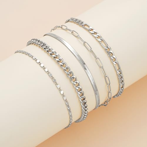 Image of iF YOU Gold Ankle Bracelets for Women, 14k Gold Plated Waterproof Cuban Link Chain Anklets Set, Layered Anklet Bracelets for Women Beach Gift Adjustable Size 5pcs