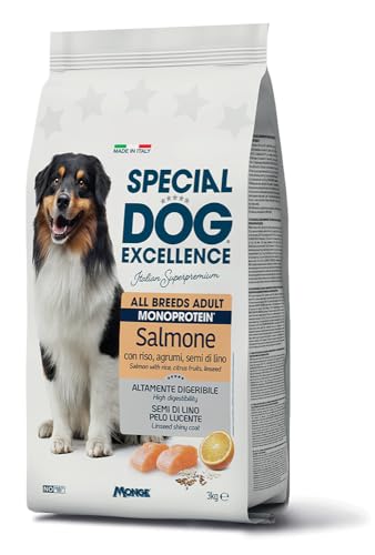 MONGE Cane Special Dog Excellence All Breeds Monoprotein Adult Dog Salmone | alimento secco completo per cani adulti di tutte le taglie, altamente digeribile, Made in Italy, 1 confezione da 3kg.