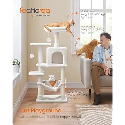 Feandrea Cat Tree, 44.1-Inch Cat Tower, Plush Multi-Level Condo with 4 Scratching Posts, 2 Perches, Hammock, Cave, Cream White UPCT261T01