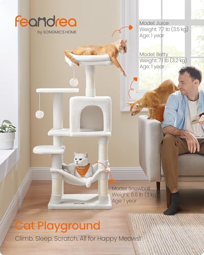 Image of Feandrea Cat Tree, 44.1-Inch Cat Tower, Plush Multi-Level Condo with 4 Scratching Posts, 2 Perches, Hammock, Cave, Cream White UPCT261T01