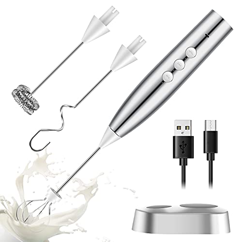 Rechargeable Milk Frother Handheld Electric Foam Maker with Stainless Whisk 3 Speed for Bulletproof Coffee Latte Cappuccino Hot Chocolate (Siliver3.0)