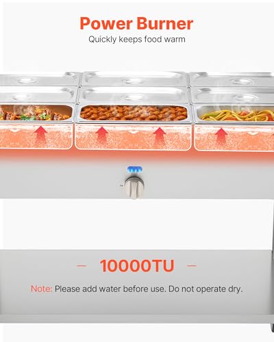 Image of VEVOR 9-Pan Commercial Propane Steam Table, LP Gas Outdoor Soup Warmer with Drain Valve and 3 inch Wheels, Stainless Steel Propane Food Warmer with Adjustable Temperature, for Restaurant Outdoor Camping