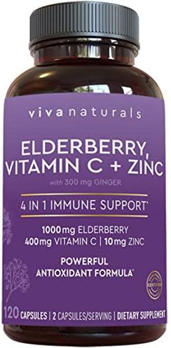 Viva Naturals 4-in-1 Daily Immune Support Supplement, 120 Capsules - 1000mg Sambucus Black Elderberry with Zinc and Vitamin C for Adults + Ginger - 2 Month Supply