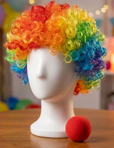 Image of BookMyCostume Buy Joker Clown Hair Wig & Foam Nose Unisex Adult & Kids Fancy Dress Costume Accessory, Multicolor
