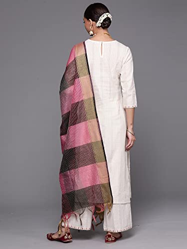 Image of INDO ERA Women's Cotton Blend Ethnic Motifs Straight Kurta with Pant & Dupatta Set (KD0OW4324)