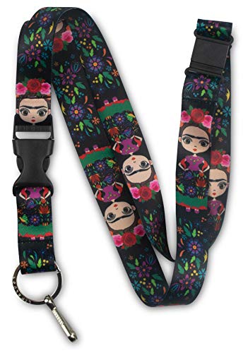 Frida Kahlo Black Premium Lanyard with Breakaway, Release Buckle, and Flat Ring by Limeloot
