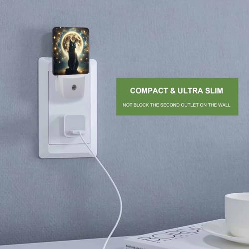 Image of LED Night Light,Full Moon Cat Sit In Grass Field LED Night Light Plug into Wall with Dusk to Dawn Light Sensor White Energy Efficient Nightlight for Bedroom Bathroom Hallway LivingRoom Kitchen