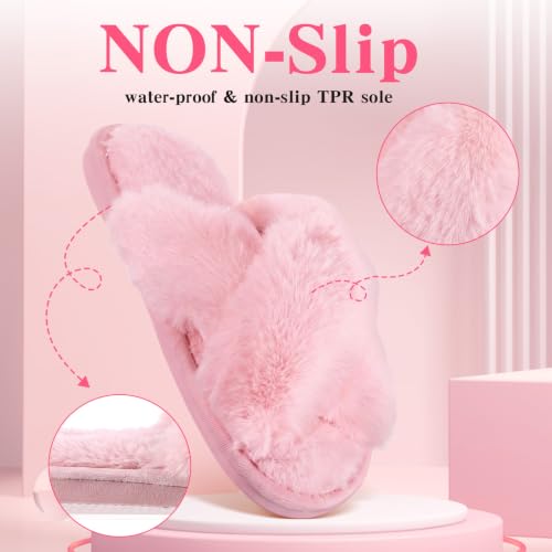 Image of 12 Pairs Women's Fuzzy Slippers Cross Band Open Toe Bridesmaid Fluffy Comfy House Slippers for Indoor Outdoor Wedding