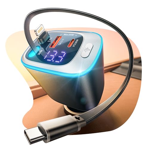 Rolgno Cargador Coche Retráctil, [Carga Rápida de 4 Puertos] 72W Cargador Mechero Coche, PD30W & QC3.0 Carregador Isqueiro Carro, Cargador Movil Coche con 65cm Cables Dobles para iPhone/Galaxy/iPad