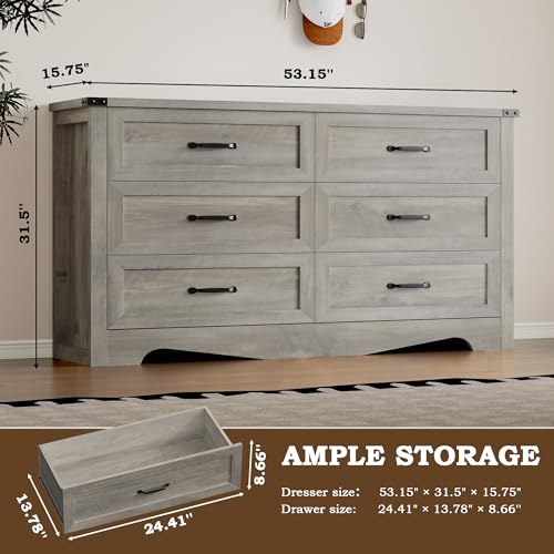 Image of BORNOON 6-Drawer Dresser for Bedroom, Modern Wooden Chest of Drawers with Metal Handles, Anti-Tipping Design, Sturdy and Stable Storage Organizer for Living Room, Entryway, Home Office