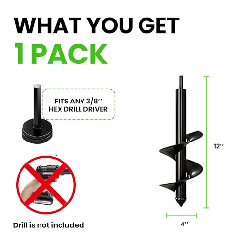 K-Brands Auger Drill Bit for Planting – 4 x 12 Inch - Garden Spiral Hole Drill Planter for Bulb Planting, Bedding Plants, Umbrella Holes - 3/8 Inch Hex Drive Drill