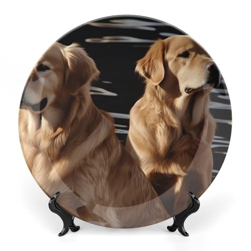 QWJKM Dekorative Teller aus Knochenporzellan, Golden Retriever, Salatteller, Porzellan, Dessertteller, Serviergeschirr, Kunstdekoration, Ornament für Wohnzimmer, Tisch, Küche, 18 cm