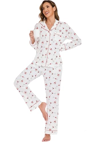 Image of LUBOT Christmas Pajamas for Women 100% Cotton Pajama 2 Piece PJ Set Soft Long Sleeve Button Xmas Print Loungewear XS-XXL