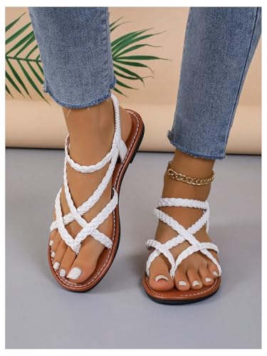 GORGLITTER Women's Braided Ankle Strap Flat Sandals Dressy Thong Strappy Comfy Sandals 20254