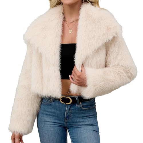 Kelisdi Abrigo de invierno corto de felpa para mujer, solapa gruesa, manga larga, mullido, cálido, chaqueta sintética para boda