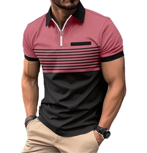 ROOMLINE L Pink Black Stripe Splicing Men's Polo Shirts 2025 Short Sleeve Casual Zip Polo T Shirt Color Block Slim Fit Golf Shirts