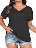 DOLNINE Plus Size Lace Tops Womens Chic Going Out Pleated Tees Lightweight V Neck Shirts Black 3XL
