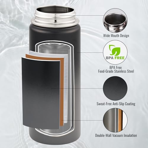 Image of Fijinhom 24 oz Insulated Water Bottle with Handle, 304 Stainless Steel Water Bottles with Wide Mouth, Double Wall Vacuum Sports Water Bottle, BPA Free, Keep Cold and Hot, Black /Gray
