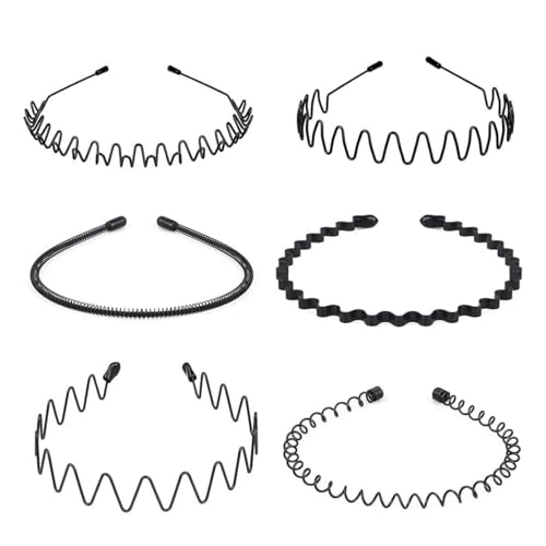 6 Pieces Metal Headbands Wavy Hairband Spring Hair Hoop Sports Fashion Hair Bands Unisex Black Elastic Non Slip Simple Headwear Accessories