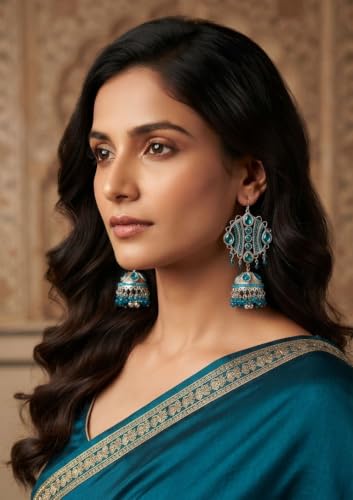 Image of Fuschianet Accessories New Improved Maula Mere Maula Husna Blue Silver Alloy Oxidized Paisley Large Jhumka Earrings for Women and Girls