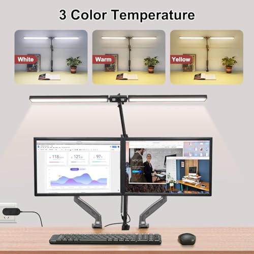 Image of NYRWANA Double Head LED Table Lamp for Study Room | Desk Lamp with Swing Arm Stand | Dimmable 3 Lighting Modes | Clamp Base Study Lamp for Reading, Work, Video Recording, Makeup & Streaming (Black)