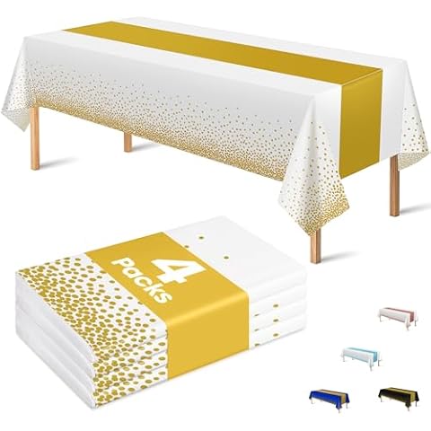 OHOME 4 Pack Disposable Plastic Table Cloths for Parties,White and Gold Rectangle Table Covers for Fall Wedding Bridal Shower Birthday | Baptism Christmas Friendsgiving Party Decorations 54" x 108" Cover