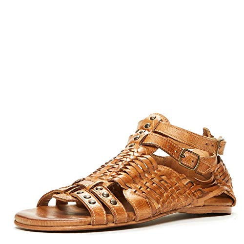 BED|STÃœ Claire Womenâ€™s Leather Sandal - Distressed Leather Sandal - Flat With Buckle Closure - Classic Huarache Sandal - Tan Dip Dye - Size 8