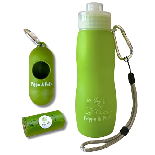 Peppo and Pets-Pack Completo-Incluye: Botella Pipi Perro silicona-400 ml-Válvula Anti Goteo-Chorro a presión+ DISPENSADOR DE CAÑA DE Bambu+15 Bolsas Caca Perro Mezcla ALMIDÓN DE MAIZ (Verde)