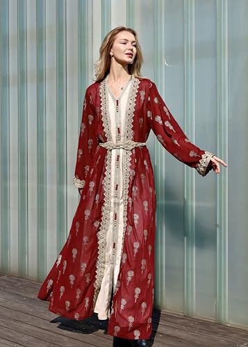 Image of HUSN Embroidered Two-Piece Abaya Set Long Cardigan with Gold Embroidery with Plus Size Inner Slip Kaftan for Eid