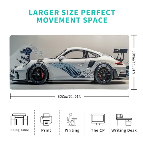 White Ukiyo-e Style Sports Car Large Gaming Mouse Pad Desktop Mat