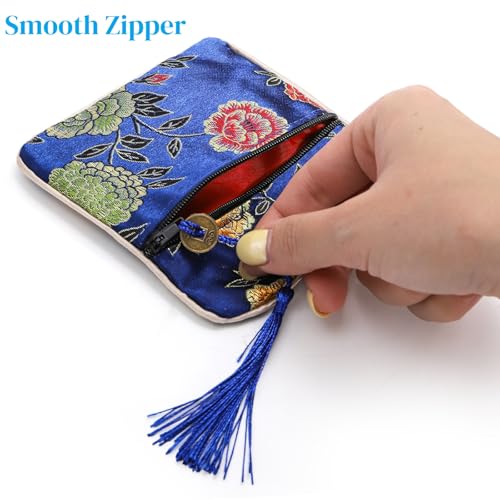 Image of ZOOFOX 30 Pieces Silk Jewelry Pouch, Brocade Embroidered Coin Purse with Zipper and Tassel, Small Gift Bags for Small for Jewelry Wedding Party Favor Chinese New Year Goodie Candy Bags