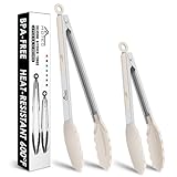 HOTEC Premium Stainless Steel Locking Kitchen Tongs with Silicon Tips, Set of 2-9' and 12',Khaki