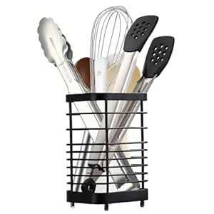 Utensil Holder Kitchen Countertop Organizer, Cutlery Drainer Sink Caddy Storage Drying Rack for Silverware Flatware and Cookware Stainless Steel(Black-L)