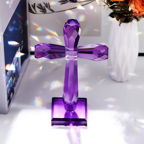 Image of YWHL Purple Crystal Holy Cross Figurine, Religious Gifts for Women Men