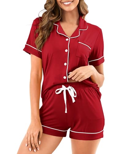Image of Womens Pajamas Set Short Sleeve Sleepwear Button Down Pjs Shorts Set Soft Pjs Lounge Set With Pockets