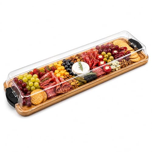 Große Käseplatte mit Deckel | Charcuterie Board - Servierplatte aus Bambus mit transparentem Schutzdeckel - Käseplatte für Party Buffet Picknick & Weihnachten