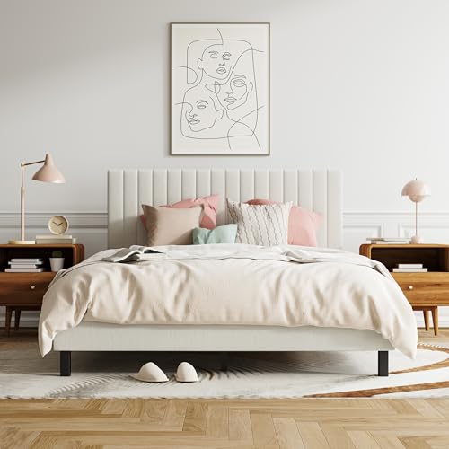 XINBEDEU 4ft6 Double Bed Frame, Upholstered Platform Bed with Adjustable Velvet Headboard, Sturdy Wooden Slats, Silent Design, No Spring Mattress Required, Easy Assembly, Beige