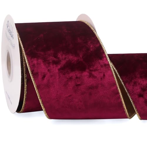 Image of Ribbli Burgundy Velvet Wired Ribbon 4 Inch Metallic Burgundy Gold Crushed Velvet Christmas Ribbon for Gift Wrapping Christmas Tree Decoration Crafts Wreaths Supplies-Continuous 10 Yards