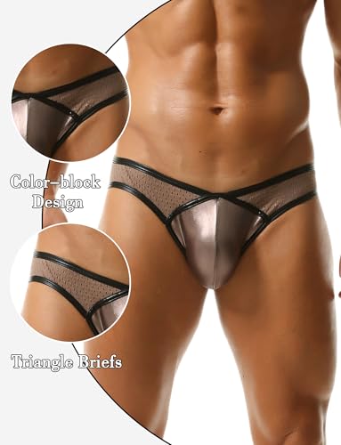 Panegy Metallic Shiny Briefs for Men Sexy Mesh Low Waist Underwear Hollow-out Panties3