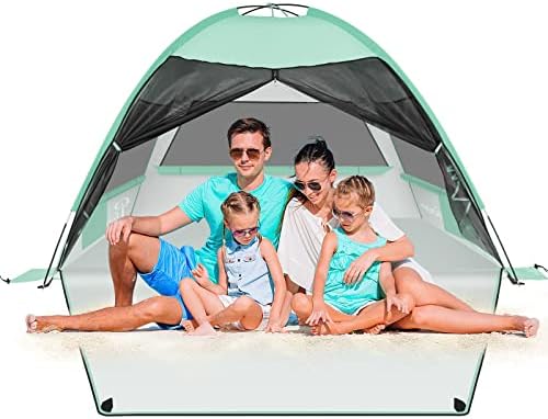 Large Beach Tent, Anti-UV Sun Shade Shelter, Outdoor Sun Umbrella Beach Canopy Cabana Tent Fits 3-4 Person, Portable Camping Fishing Tents with Extended Floor & 3 Ventilating Mesh Windows