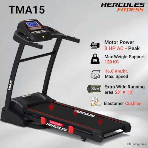 Image of Hercules Fitness TMA15 3.0 H.P D.C Motorized 15 Level Auto Incline Treadmill Max Speed 16 Km /Hr Max User Weight 120Kg Free Installation Assistance LCD Display Perfect Running Machine for Home Gym