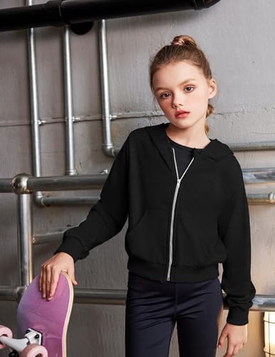 Arshiner Girls Zip Up Hoodies Cropped Full-Zip Hoodie Kids Casual Sweatshirt Spring Fall Jackets Black Size 14-16 — view 2