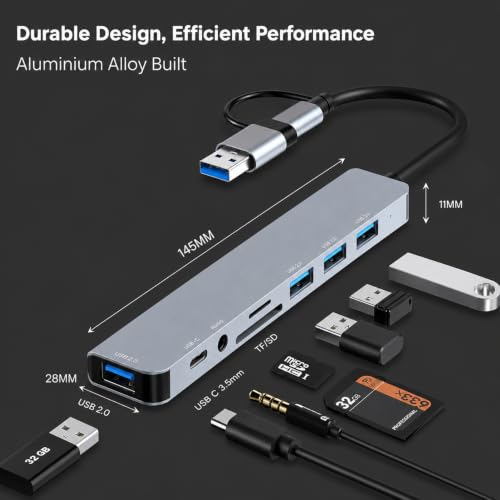 Image of Mport 8 Plus Dual Plug 8-in-1 USB Hub Docking Station with USB 3.0, AUX, SD Card Reader, Type-C Data, USB 2.0, Type-C & USB for Laptop, Mac, PC (Grey)