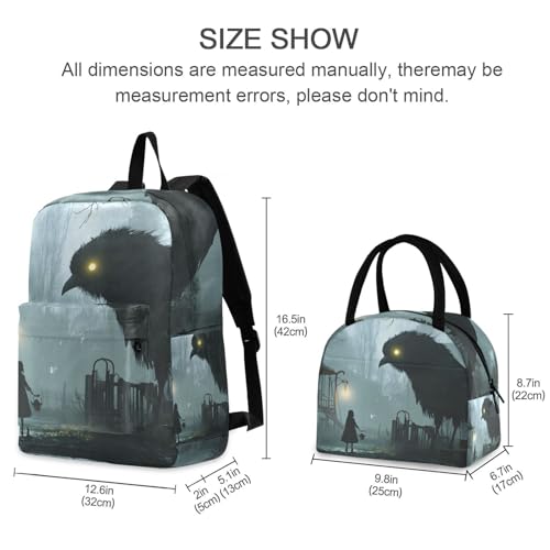 Backpack Lunch Bag Set Gothic Big Raven Print, Big Storage Travel Backpacks with Insulated Lunch Box for Office Hiking Picnic2